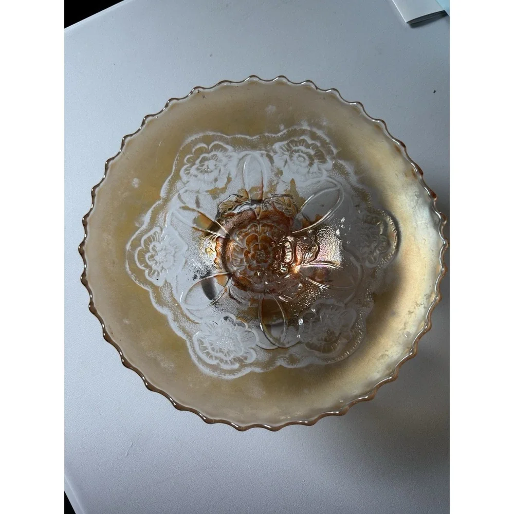 Antique Dugan Marigold Carnival Glass Double Stem Rose Ruffled Bowl 8.5 In